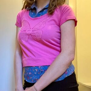 Pink Faux-Layered Butterfly Top